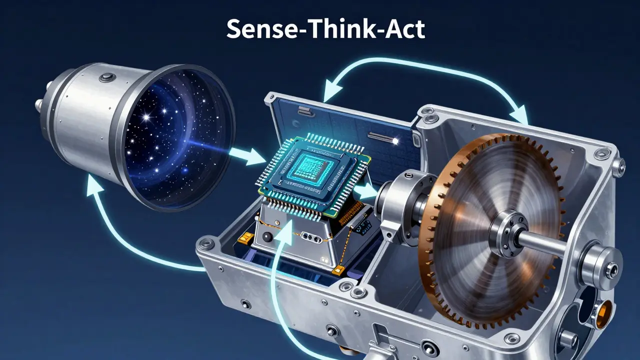Cutaway diagram of satellite ADCS showing sensors, computer, and reaction wheels