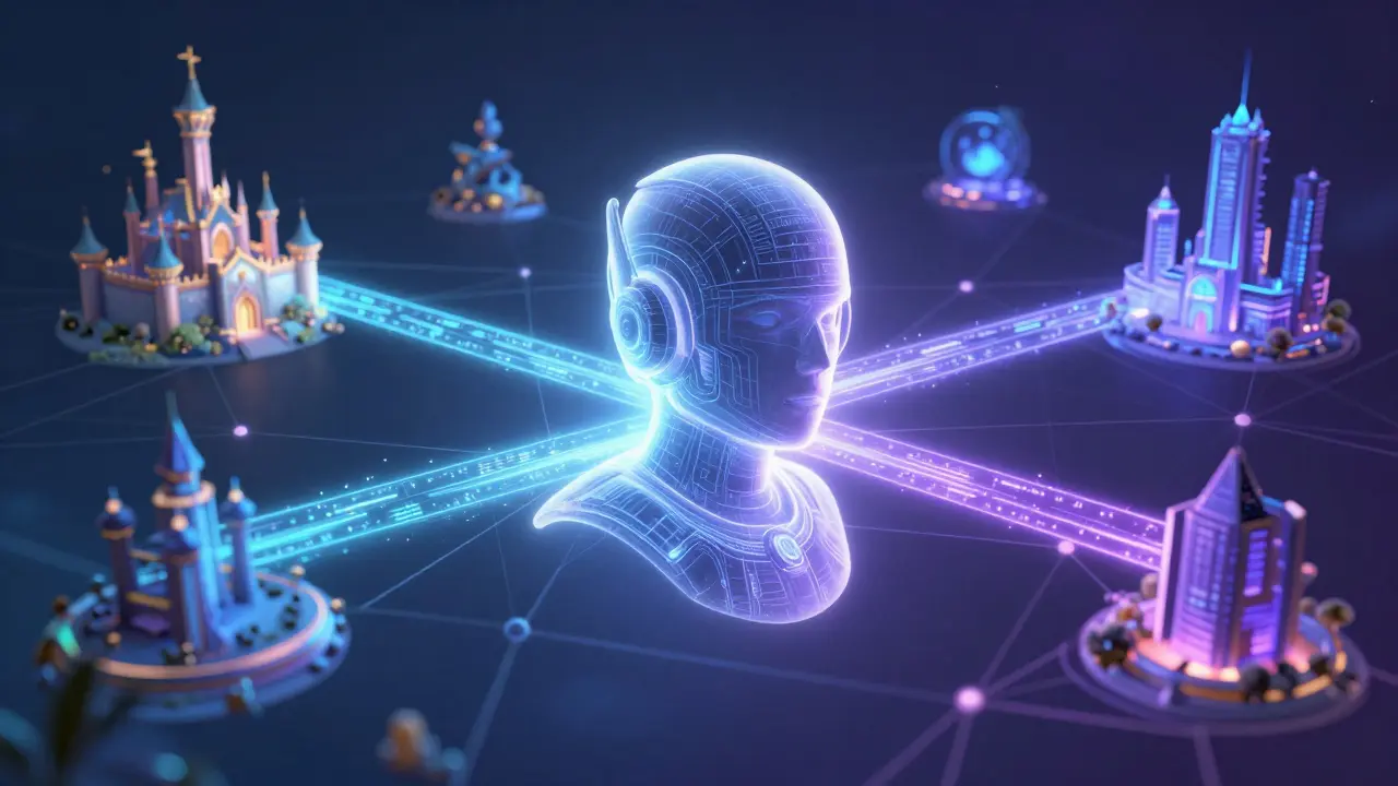 Digital avatar transferring a helmet across different game worlds via blockchain bridge