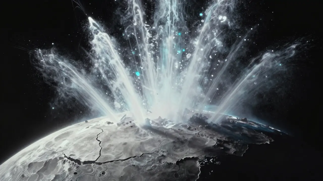 Enceladus moon erupting with water vapor geysers