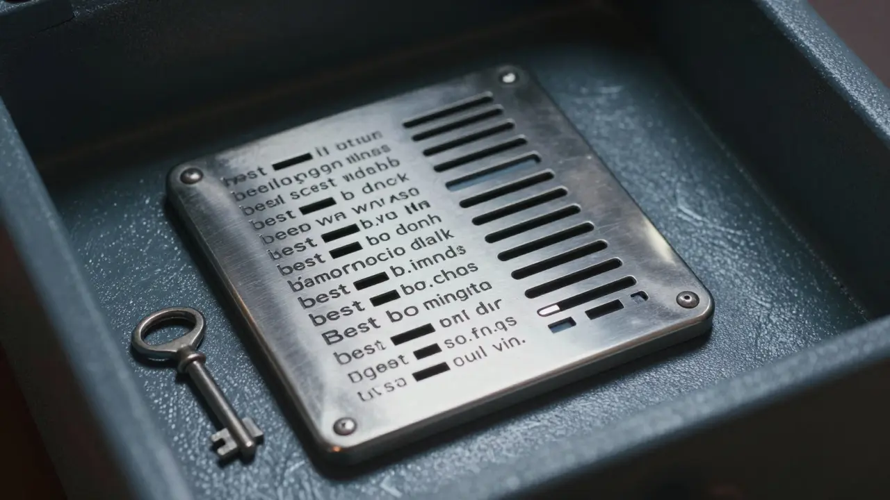 Engraved metal seed phrase plate stored in a secure safe