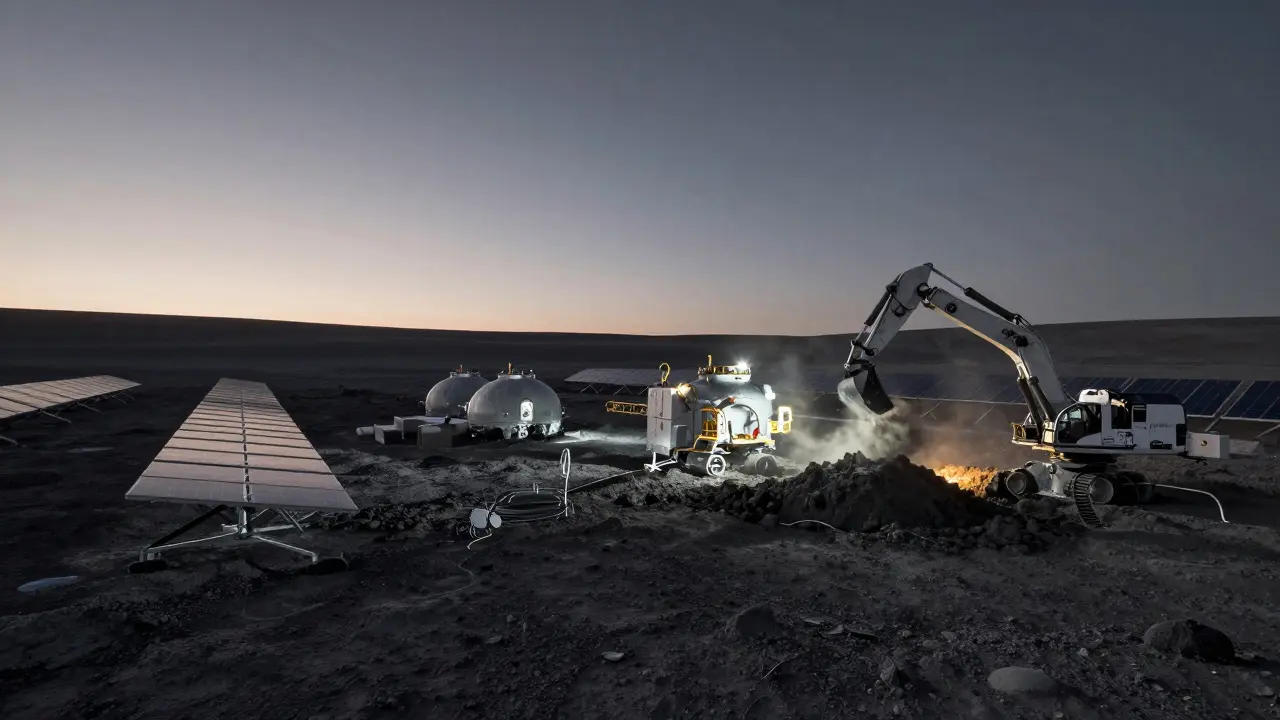 Futuristic lunar base with robots mining resources
