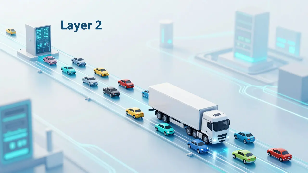 Futuristic truck merging many cars to represent Layer 2 transaction batching.