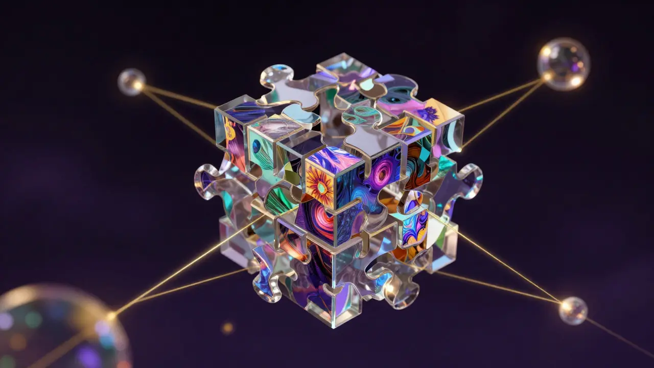 Glass puzzle pieces connected by light threads showing decentralized IPFS storage.