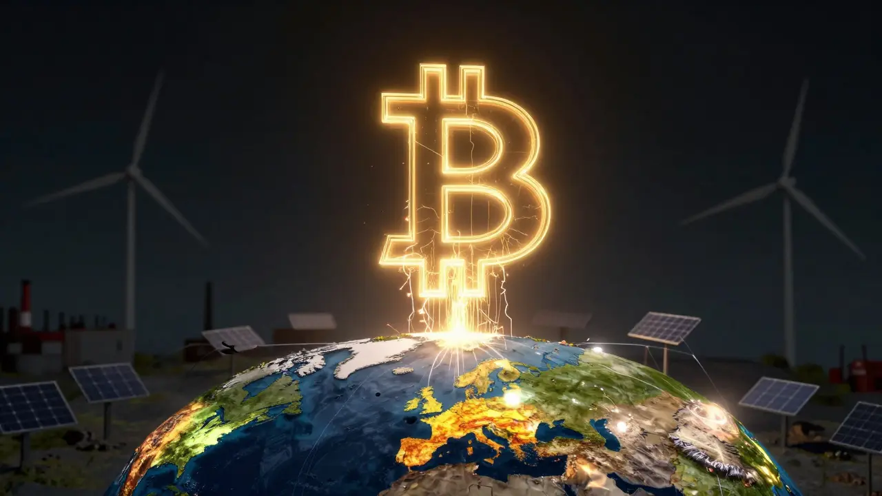 Glowing Bitcoin logo draining energy from a map of countries
