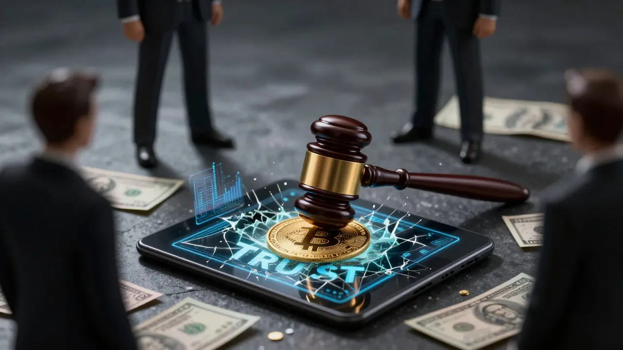 Golden Bitcoin gavel striking a shattered screen, representing legal accountability.