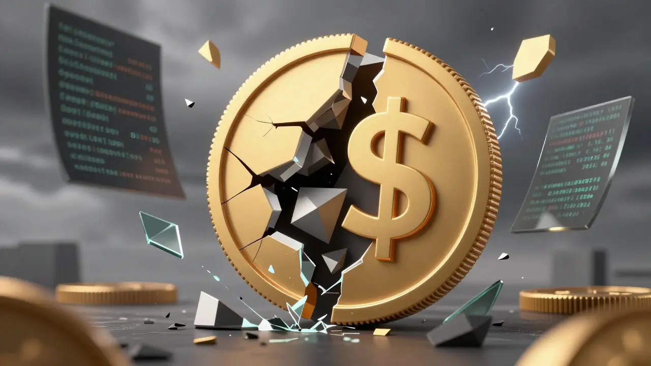Golden coin cracking open to reveal instability, symbolizing depegging risks