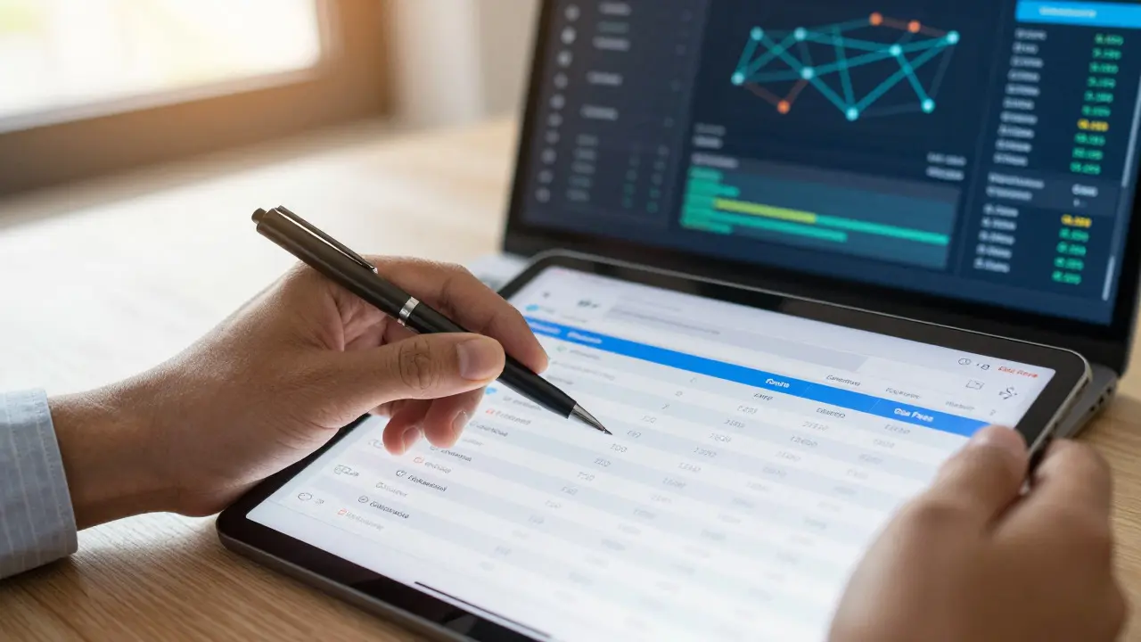 Hands tracking crypto airdrop values on a spreadsheet and tablet