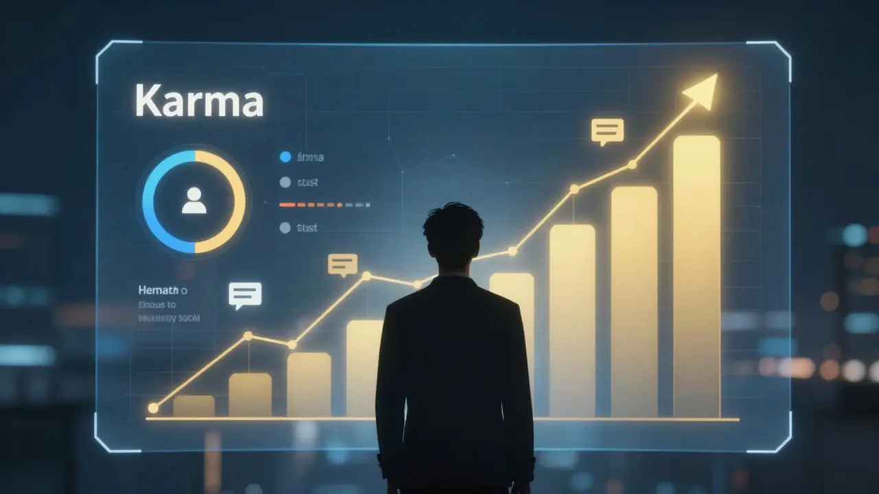Holographic dashboard visualizing user reputation and karma scores