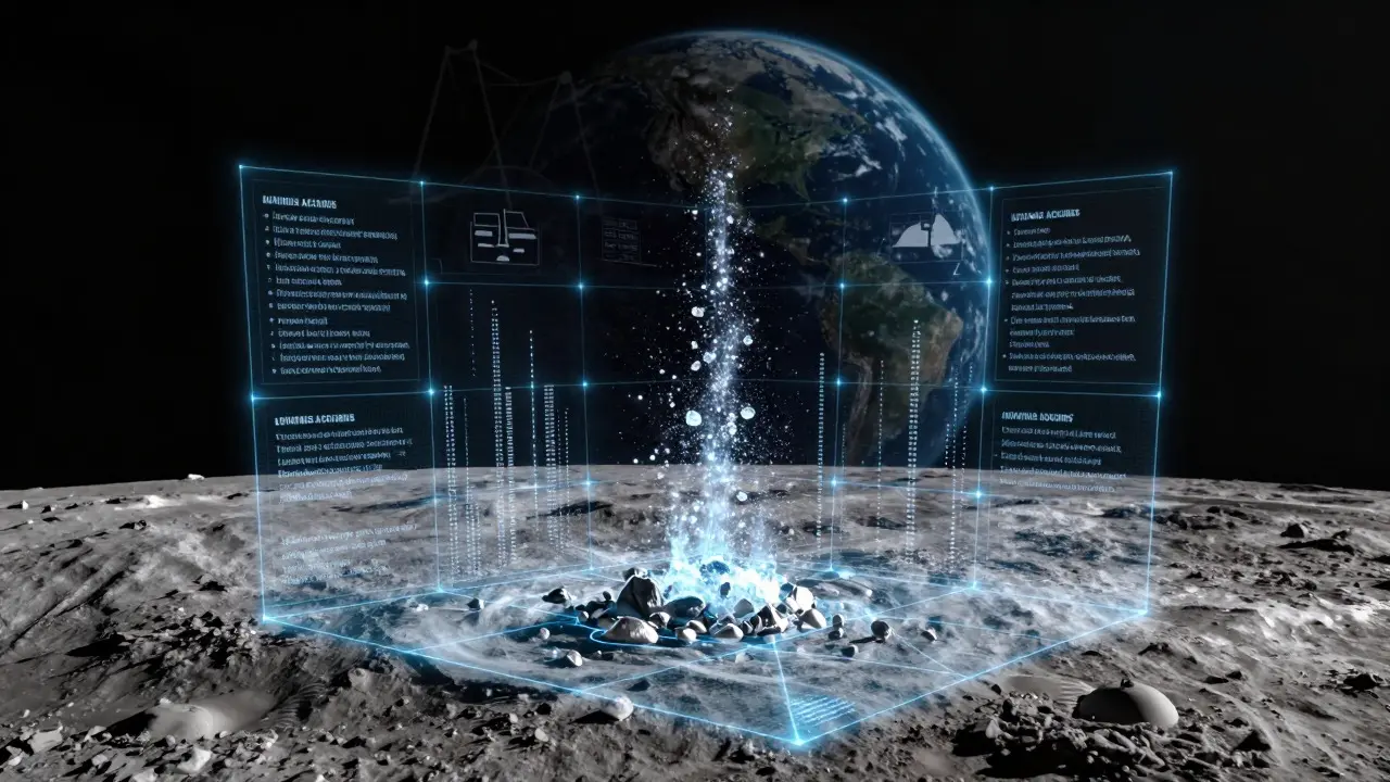 Holographic grid over the moon symbolizing space law and resources