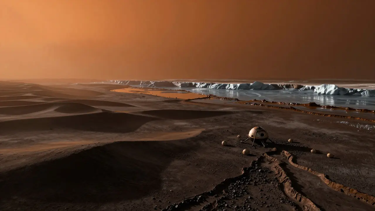 Huygens probe on Titan's shore with methane lakes