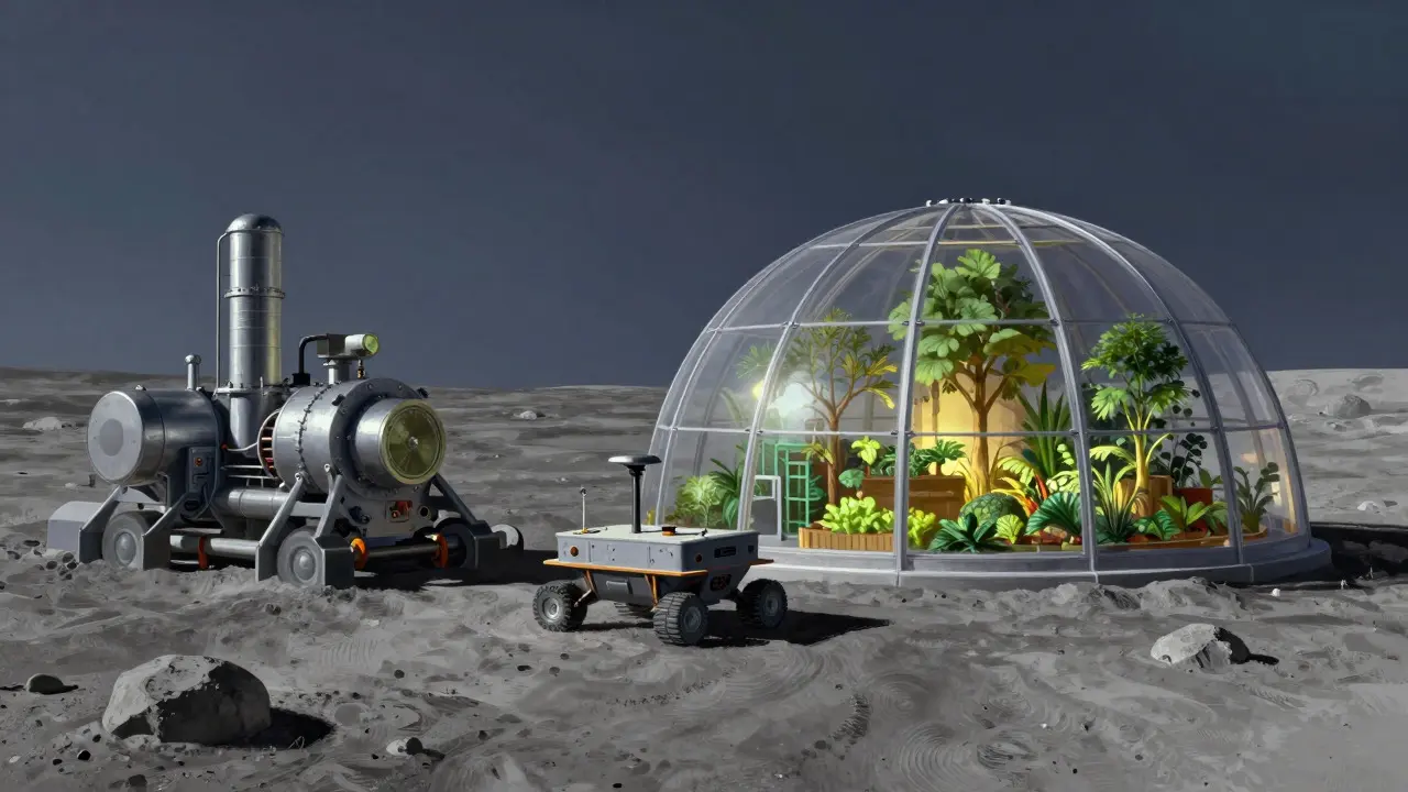 Hybrid lunar base combining mechanical systems and a glass-domed garden
