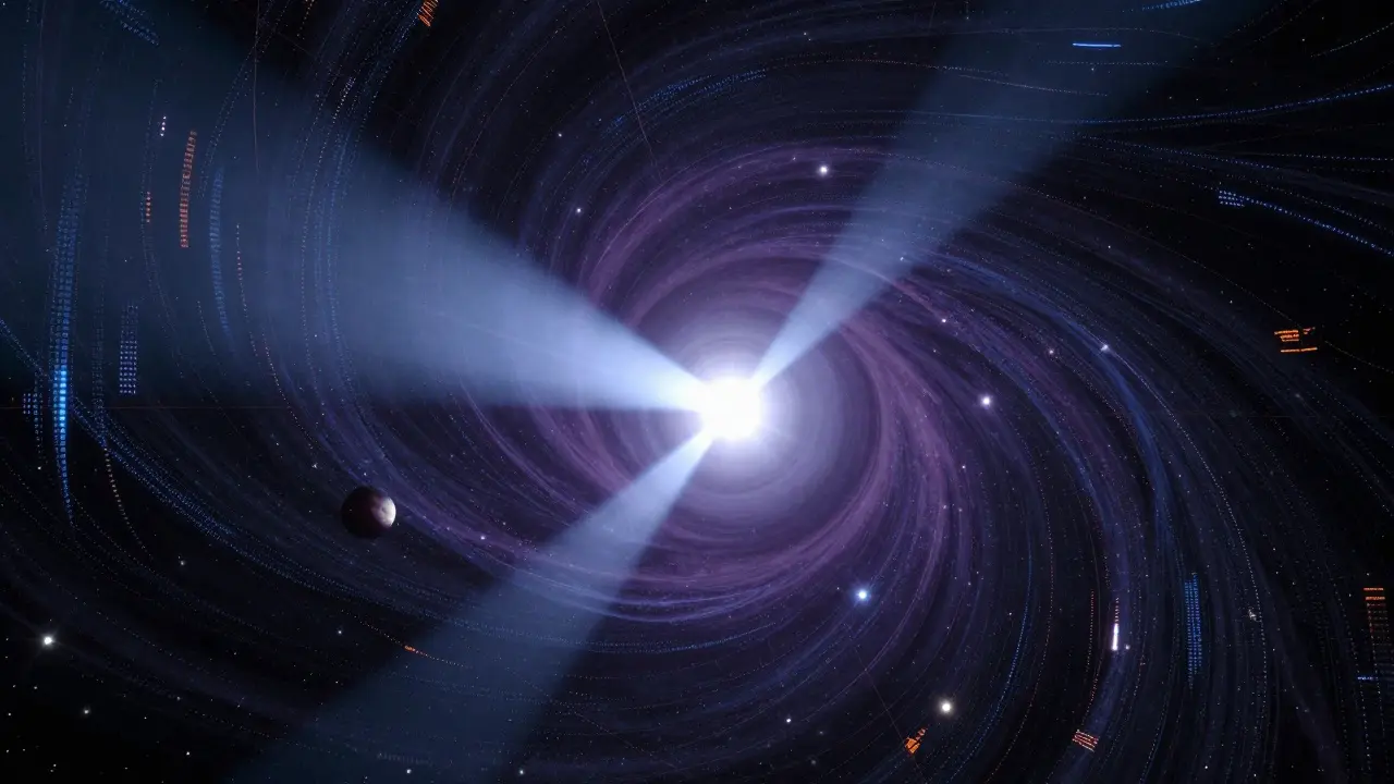 Illustration of gravitational microlensing revealing an exoplanet among galaxies