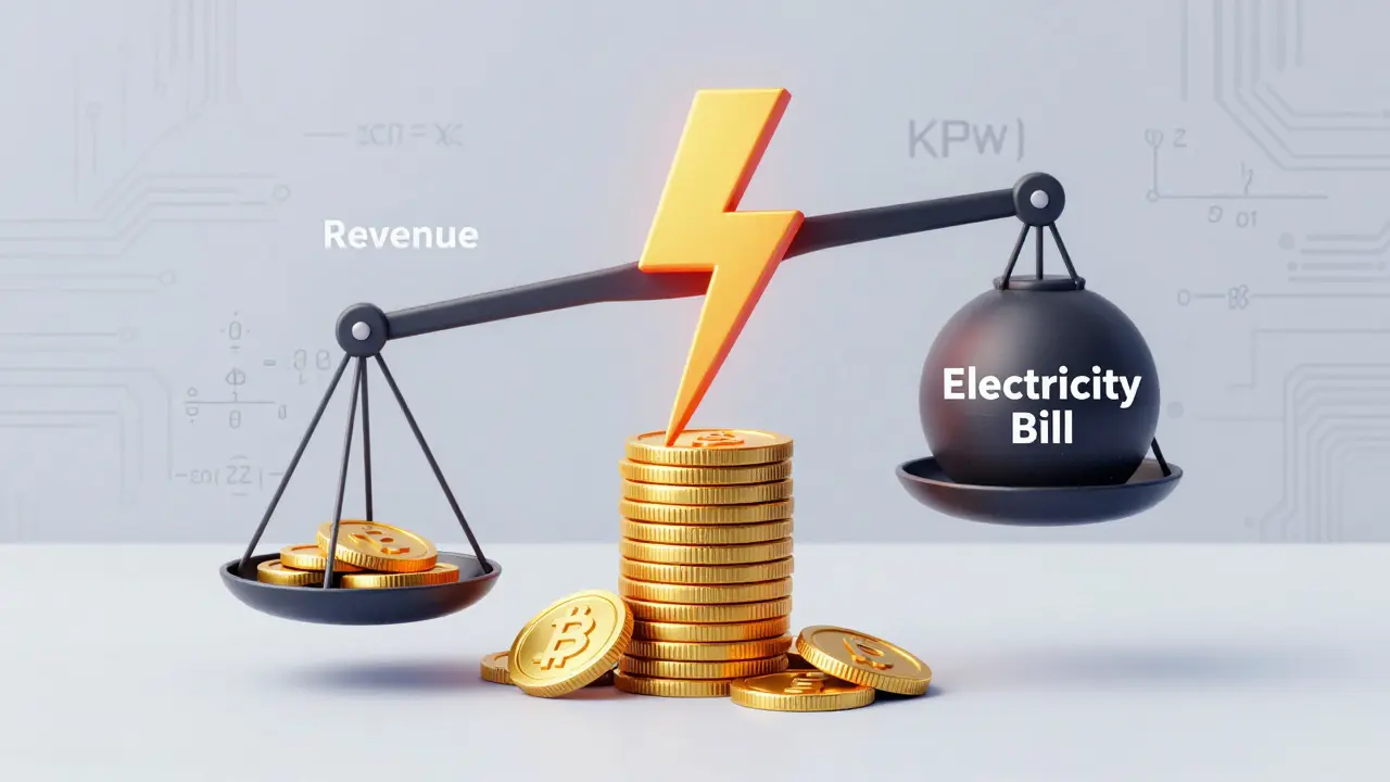 Illustration showing electricity costs consuming mining profits via lightning bolt metaphor