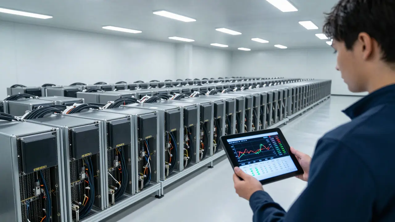 Industrial mining farm with technician checking profitability data on tablet