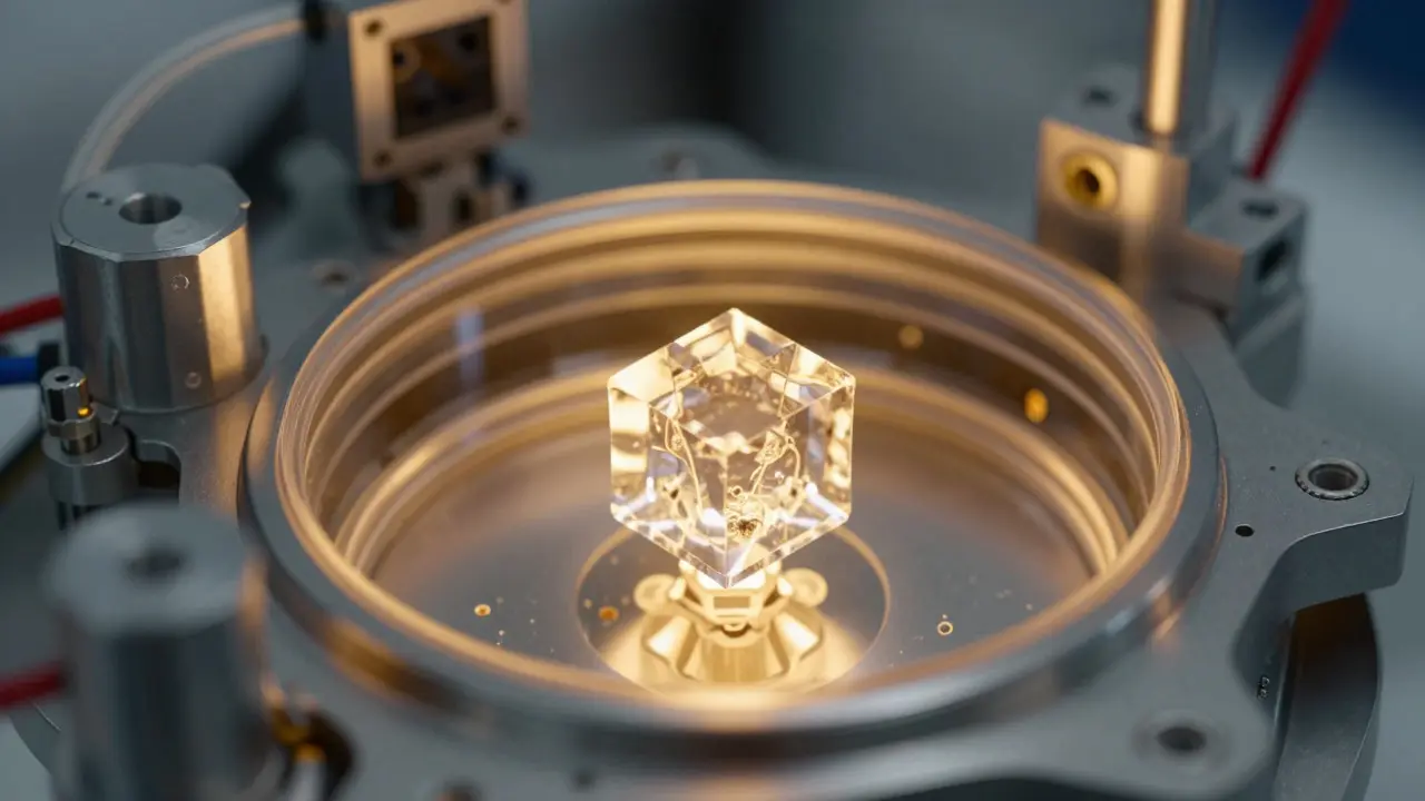 Perfect protein crystals growing in a transparent microgravity lab chamber.