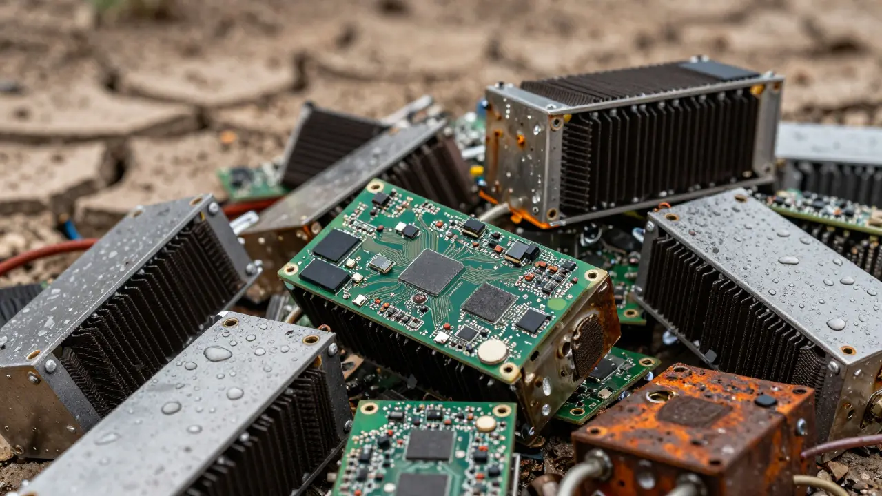 Pile of discarded ASIC miners and e-waste in a dry, dusty landscape