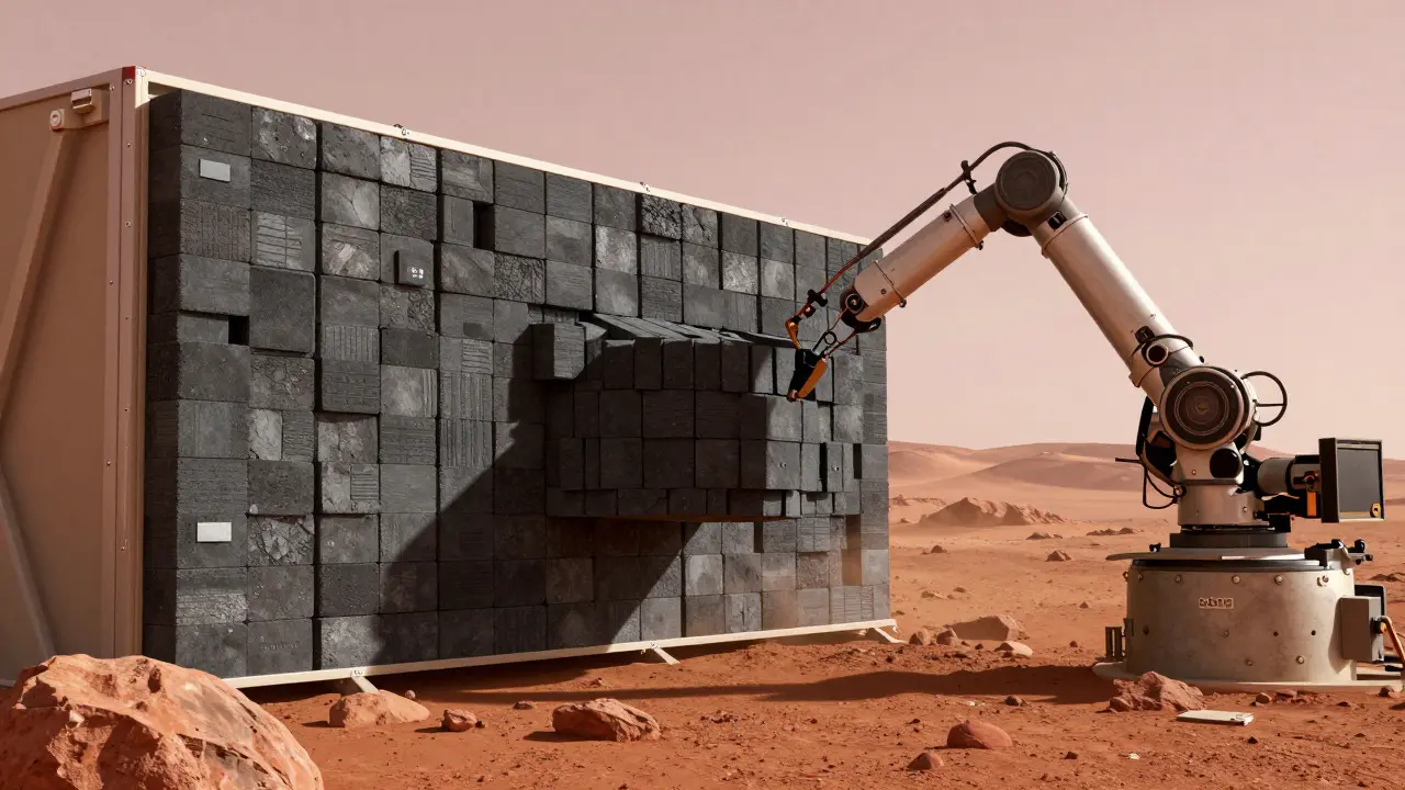 Robotic arm placing compacted waste bricks as radiation shield on Mars