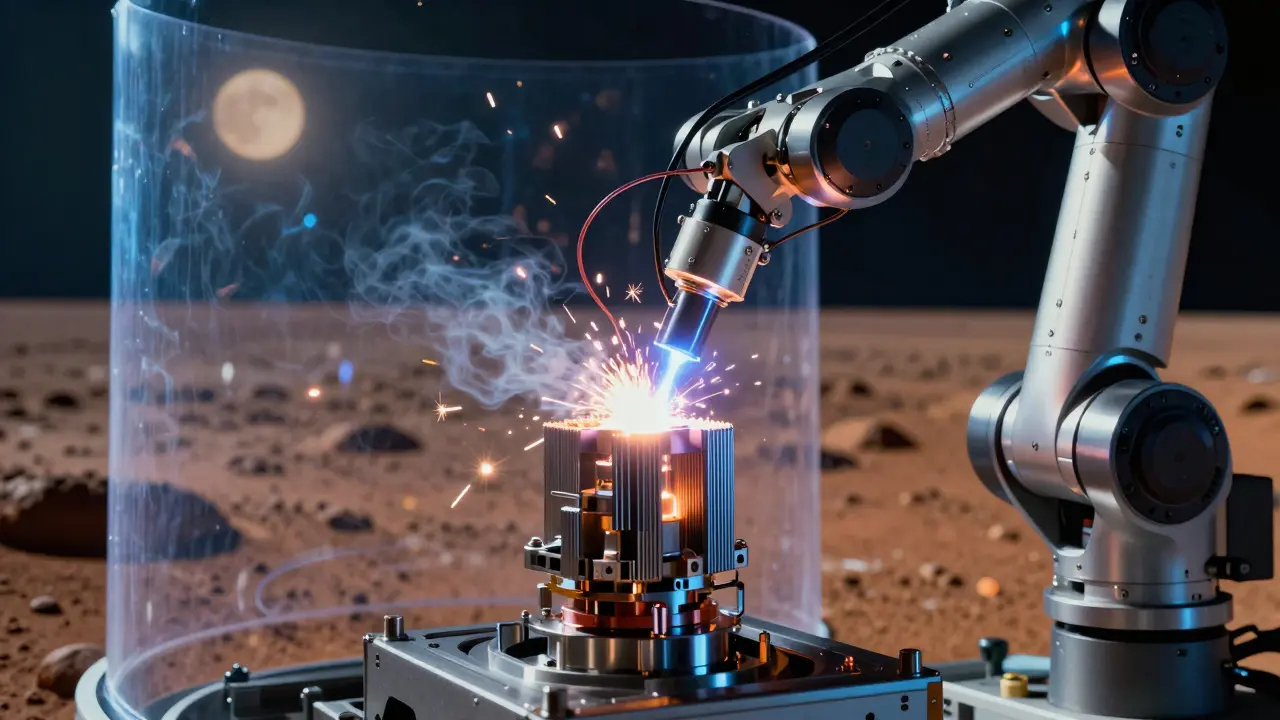 Robotic arm using electron beam fabrication in space