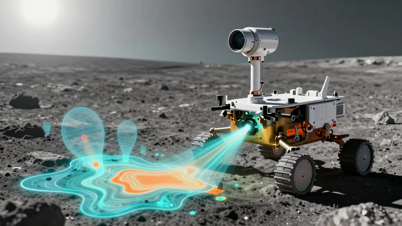 Rover scanning moon surface with spectral data overlays