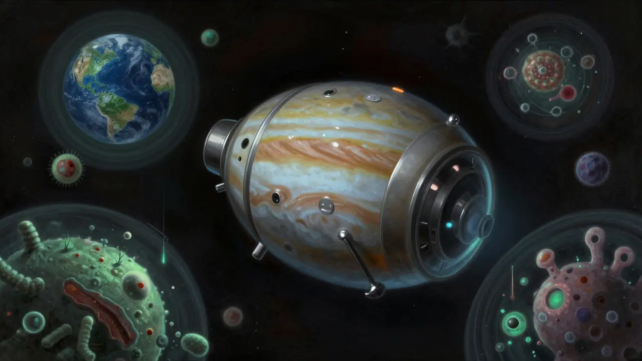 Sealed sample capsule in space near Jupiter