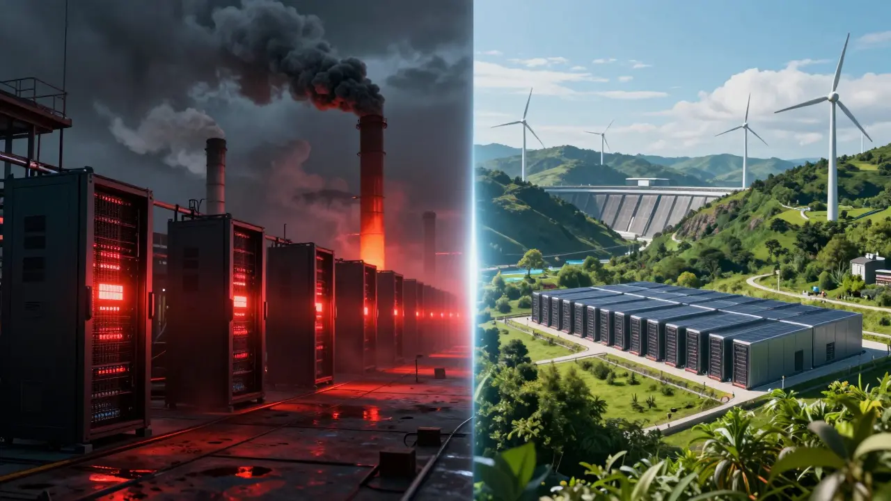 Split view contrasting polluting fossil fuel mining with clean renewable energy mining facilities.