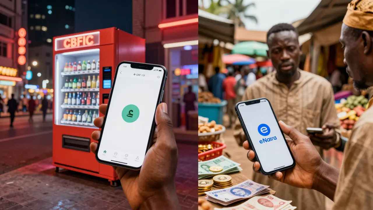 Split view contrasting seamless e-CNY use in China with eNaira struggles in Nigeria