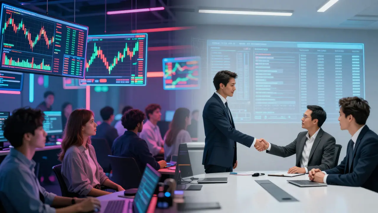 Split view of chaotic retail traders vs calm institutional investors