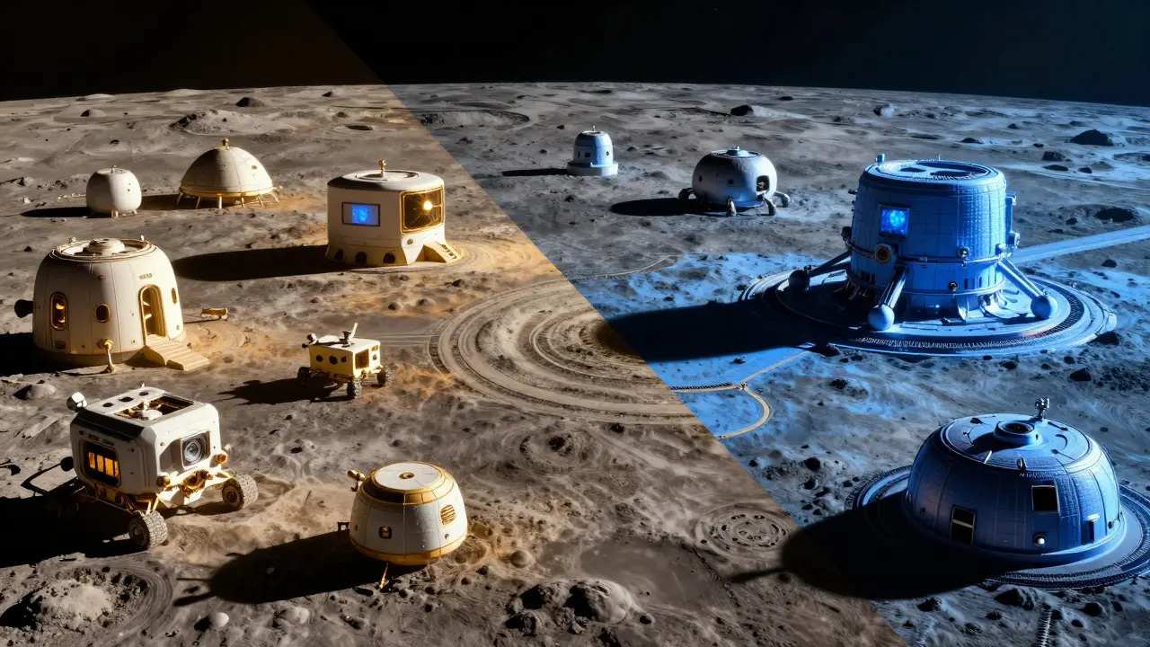 Split view showing competing lunar bases and geopolitical divides