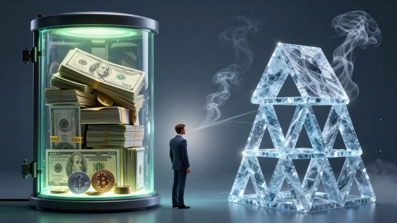 Sturdy vault vs fragile ice house comparing fiat and algorithmic stablecoins