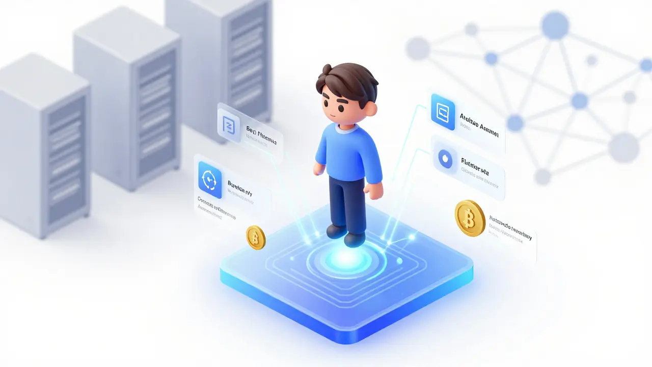 Stylized 3D avatar connected to blockchain metadata and network nodes