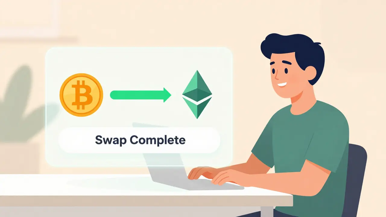 User smiling at successful cross-chain crypto swap