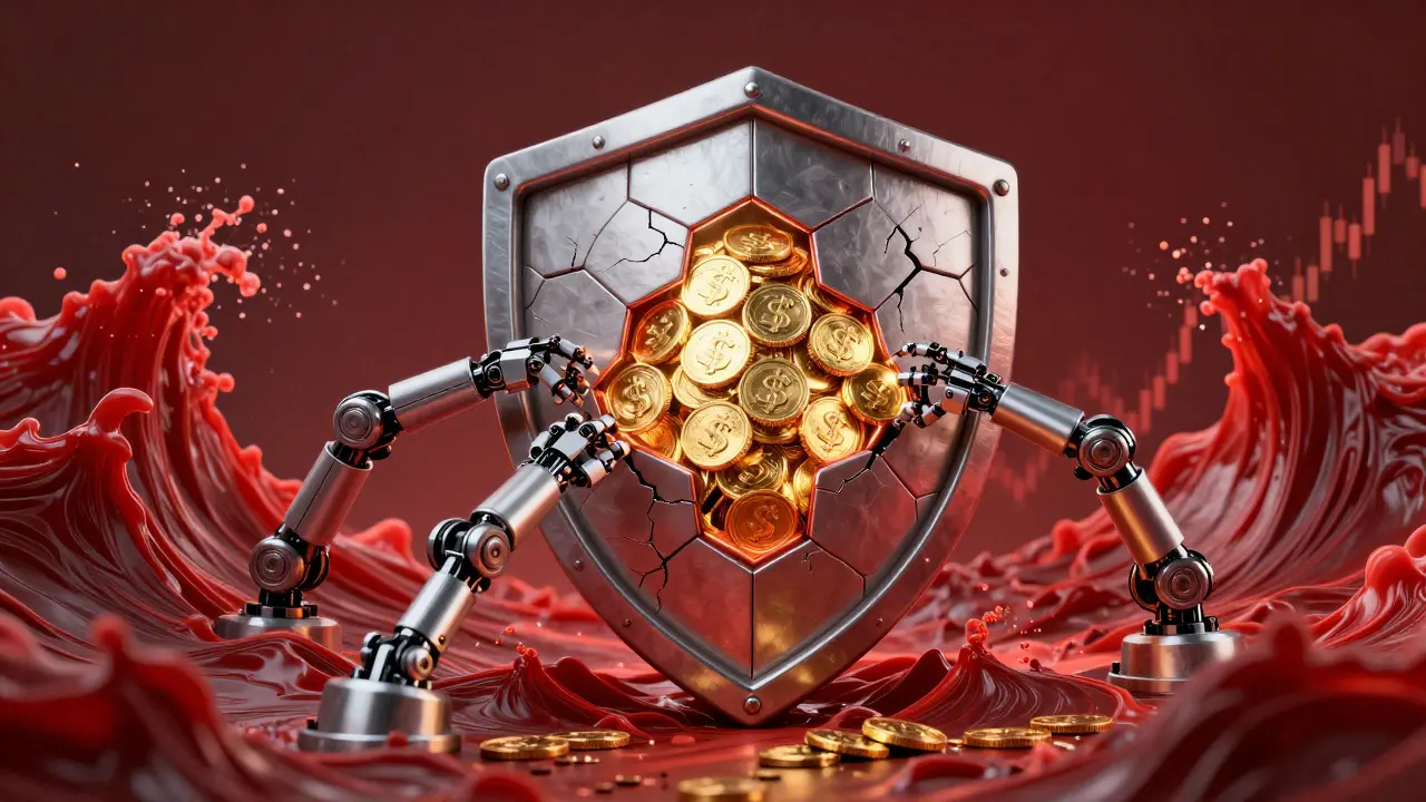 3D render of a hexagonal shield protecting coins from turbulent red waves