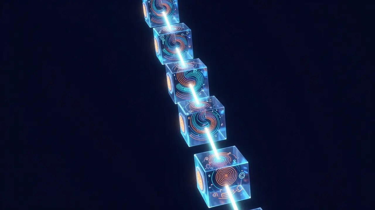 Abstract 3D render of a glowing blockchain chain in dark space