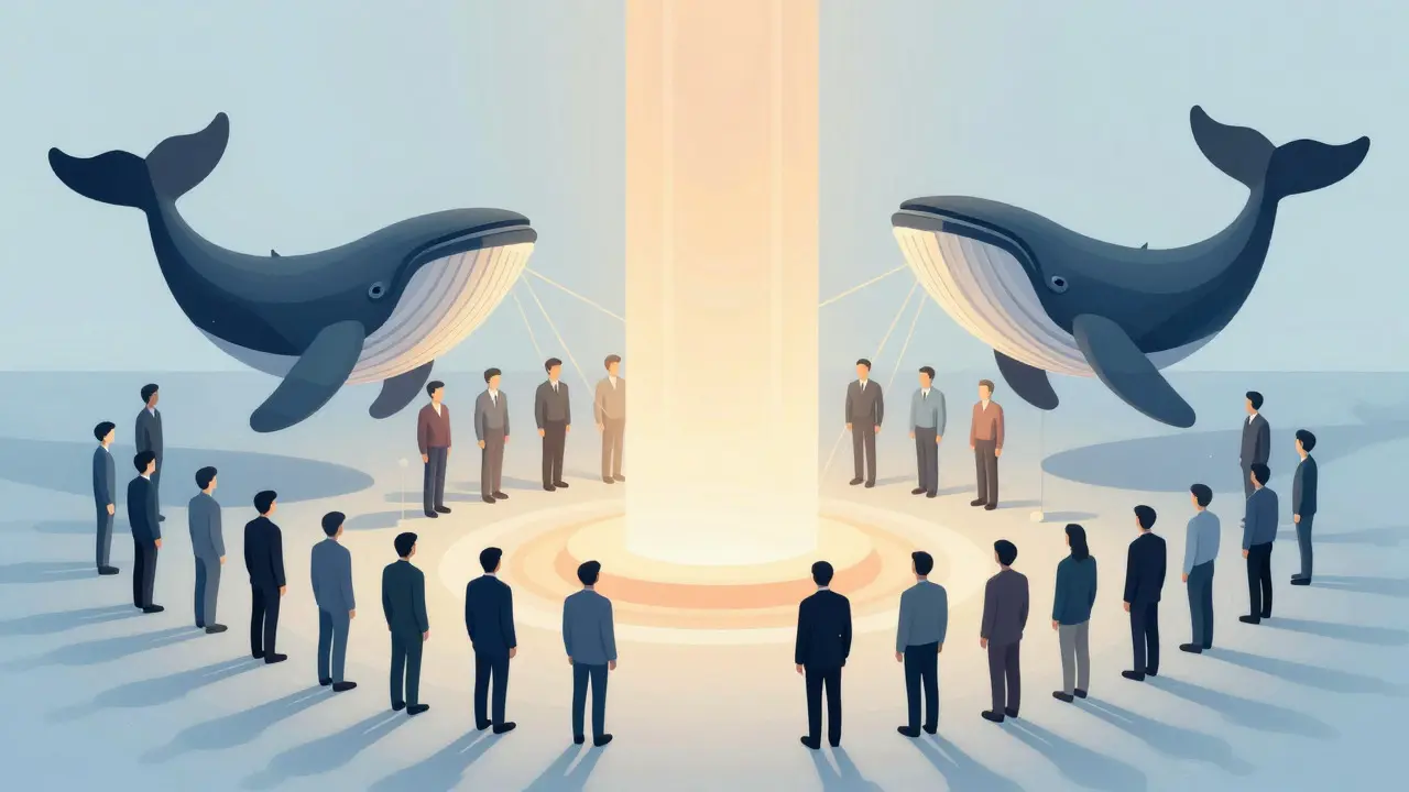 Abstract figures connected by light representing fair crypto governance