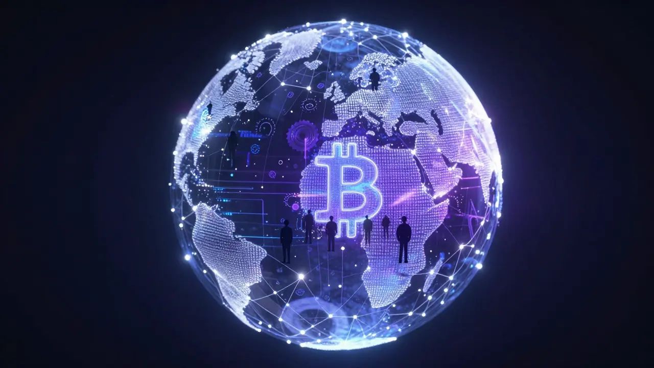 Abstract globe of interconnected nodes representing evolved Bitcoin governance