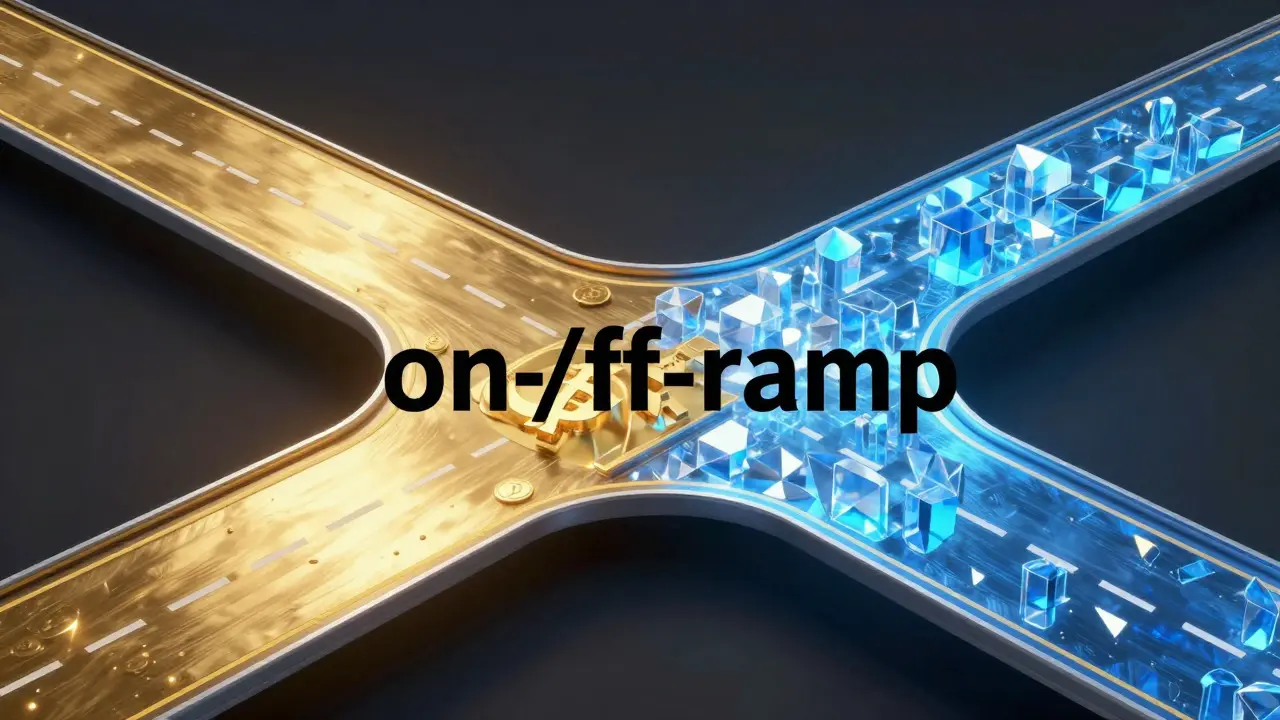 Abstract illustration of a highway merging gold and blue crystal paths