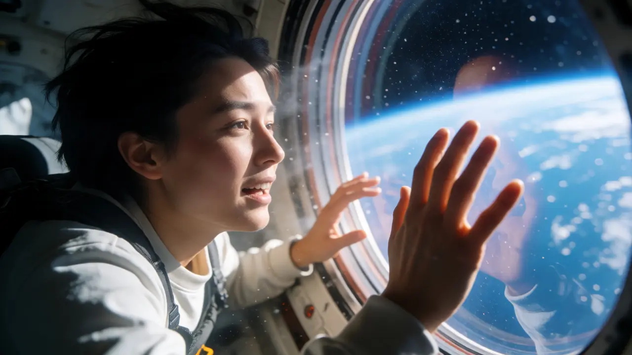Awe-struck space tourist floating in zero-g looking at Earth through a window.