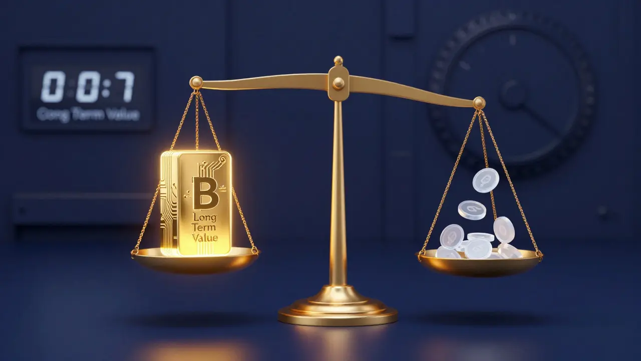 Balance scale weighing long-term value against fleeting speculation