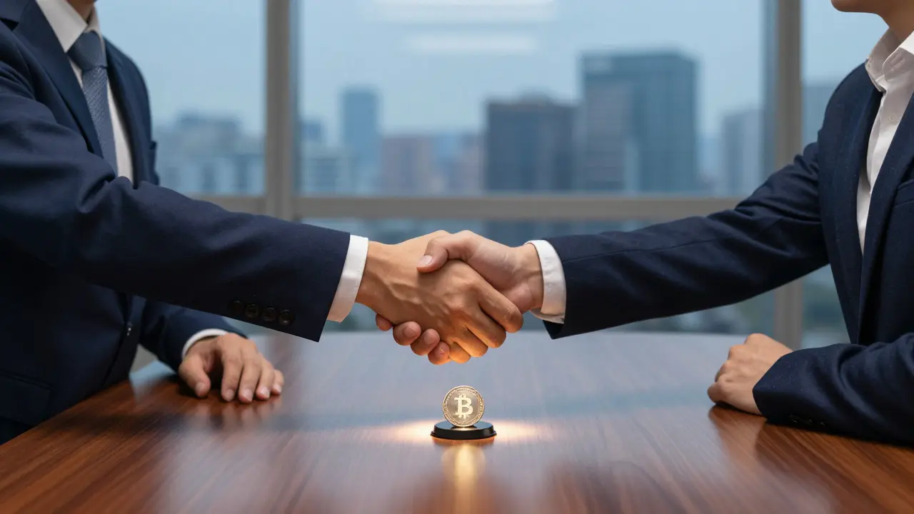 Business professionals shaking hands over a glowing digital token