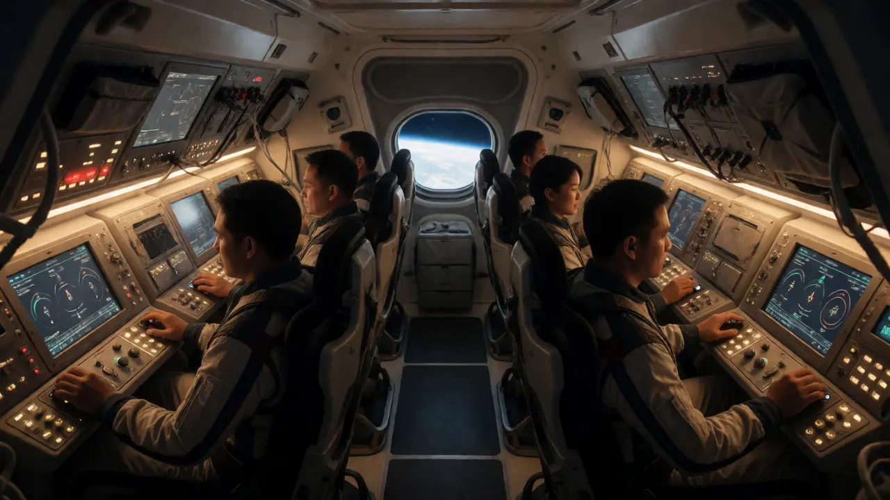 Civilian crew practicing in a spaceship simulator during orbital mission prep.