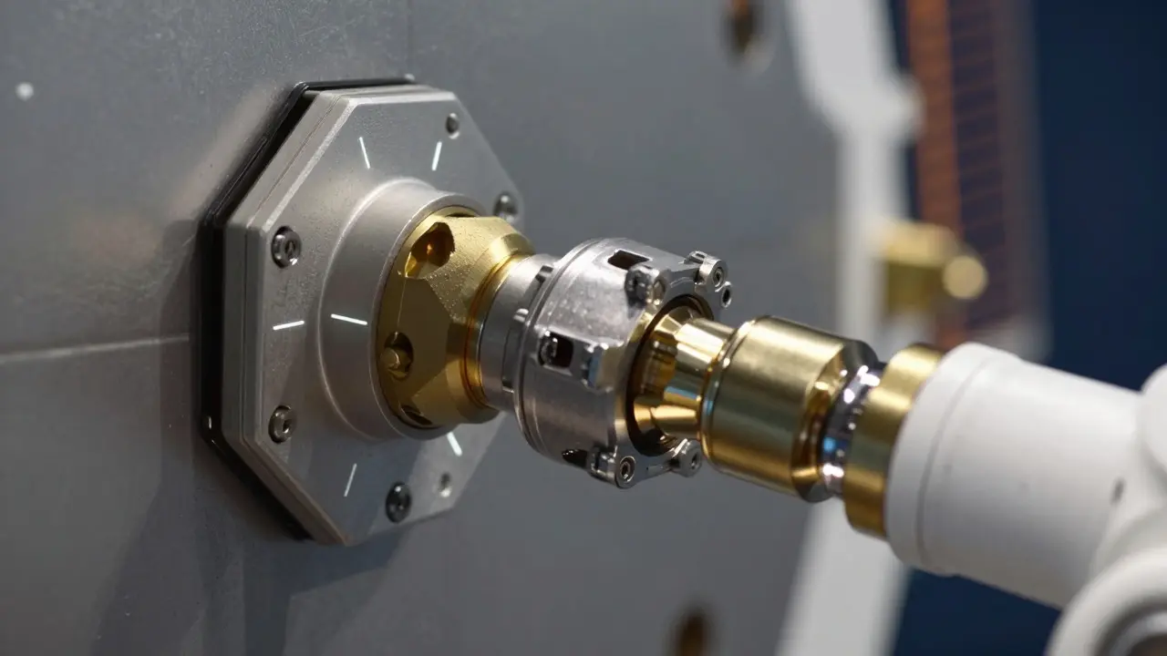 Close-up of RAFTI docking interface connecting two spacecraft