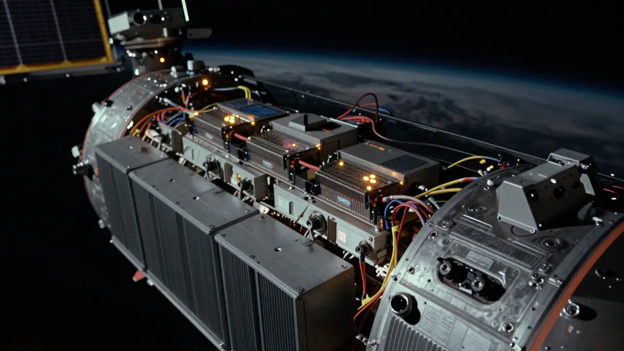Close-up of spacecraft power systems and batteries during eclipse darkness