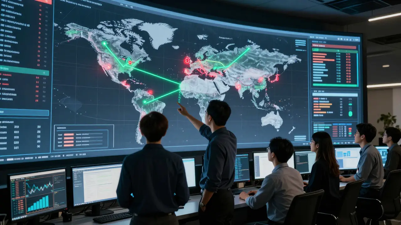 Compliance team monitoring a holographic map of global crypto transactions with flagged alerts
