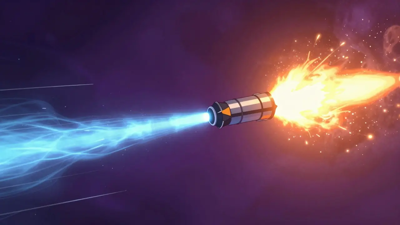 Conceptual art comparing steady electric thruster plume to chemical rocket burst