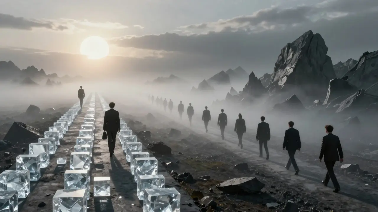 Contrasting paths showing confident investors on a clear route versus hesitant ones in foggy chaos.