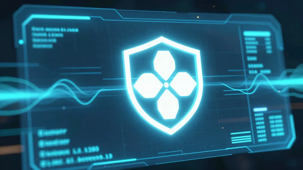 Cyan digital shield sealing a transaction instantly via validator consensus