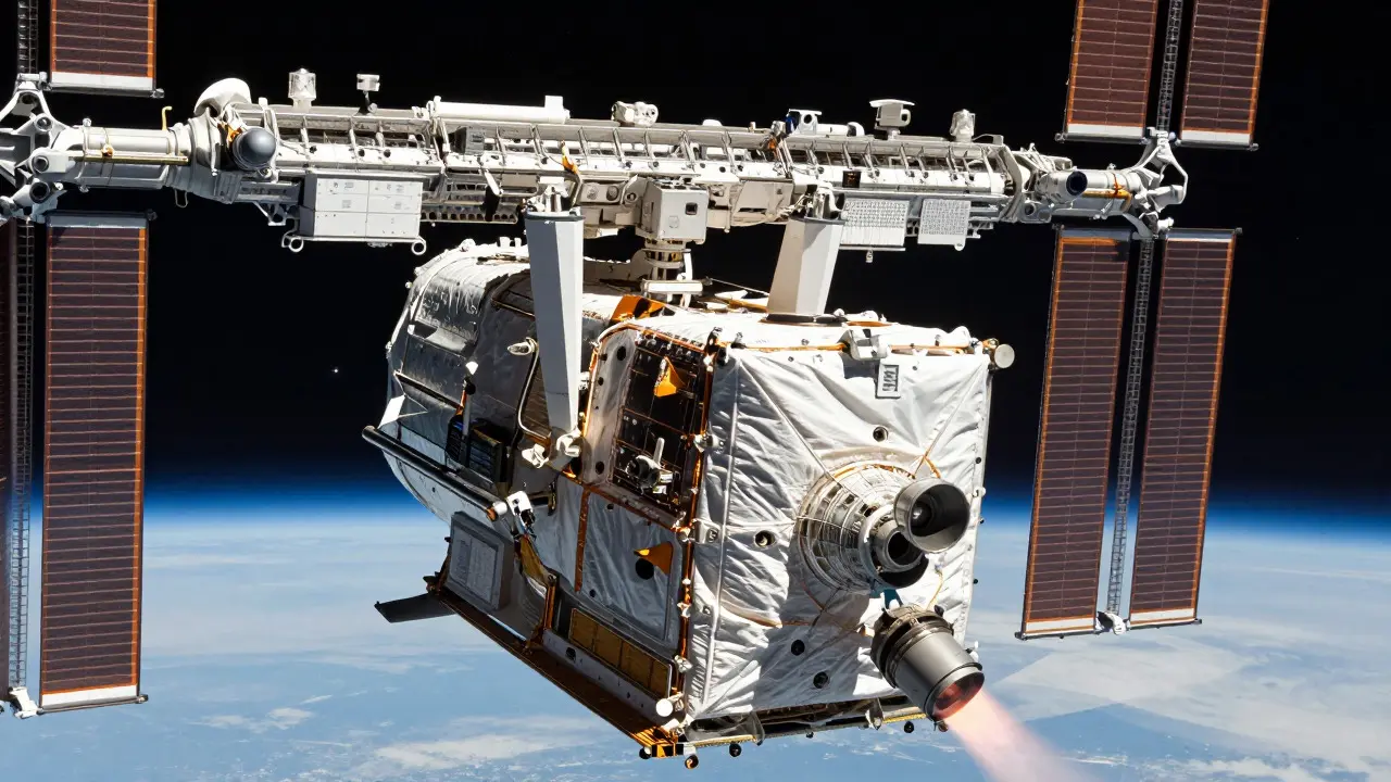 Cygnus cargo ship docked to US segment of ISS during a reboost maneuver