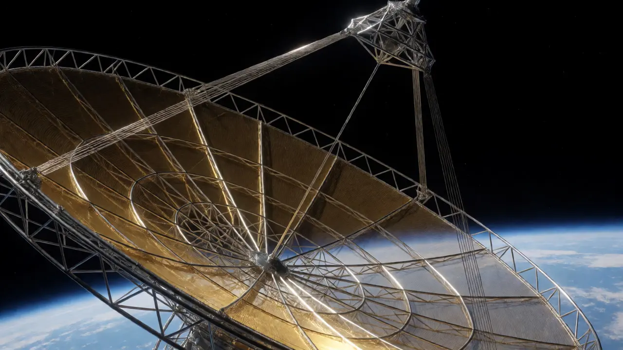 Deployable mesh antenna unfolding in orbit above Earth