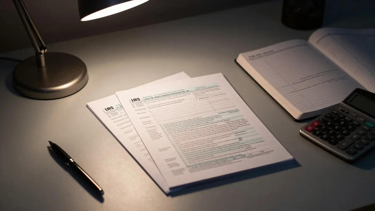 Desk with tax documents and a calculator under warm lamp light