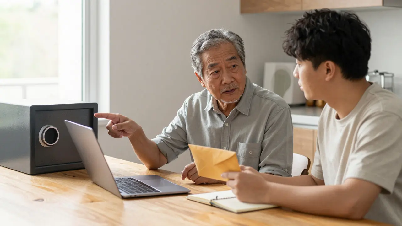 Elderly person explaining estate planning details to a younger heir at a kitchen table